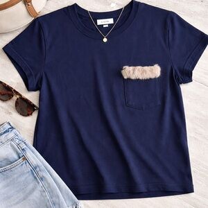 Liana Navy Cotton Tee Real Fur Trim Pocket Top Size M Made in USA